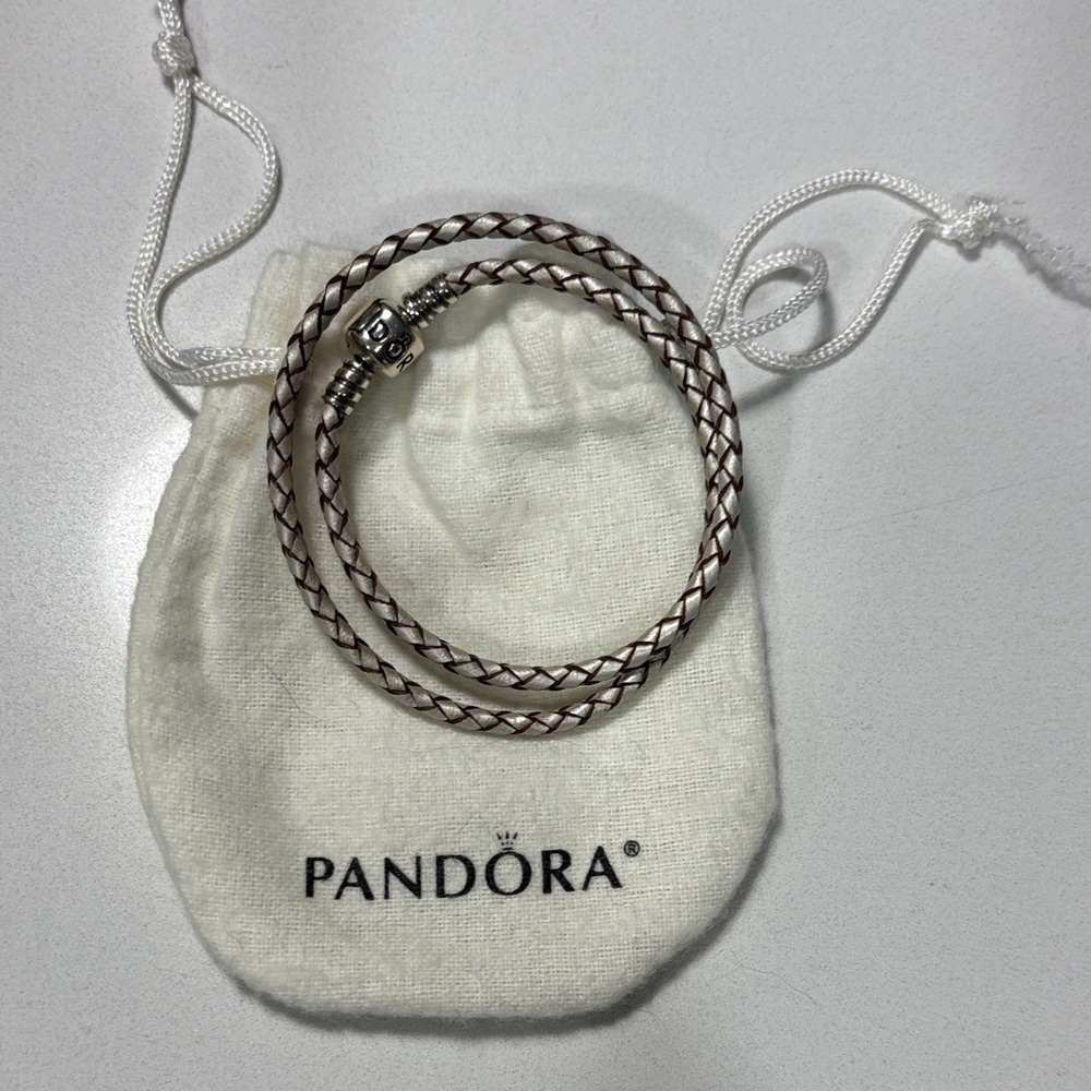 Pandora Champagne/Taupe Braided Leather Bracelet with Silver Clasp in size Small